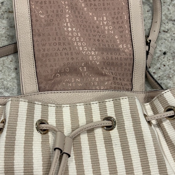 Kate Spade White and Beige Striped Back Pack with draw string close main image 9